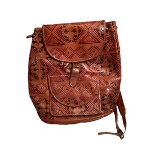 Genuine Leather Back Pack Drawstring Brown Hand Made In India Boho Pattern